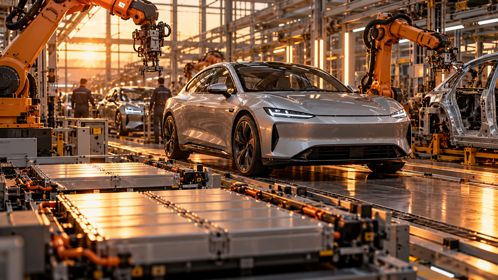 Illustration originale IA : véhicule électrique, usine et équipements de stockage, évoquant les activités de Tesla sans représenter un site réel.