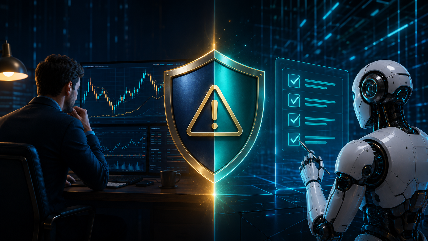 Un trader et un robot côte à côte : deux modes d’exécution, avec une surveillance du risque dans les deux cas.