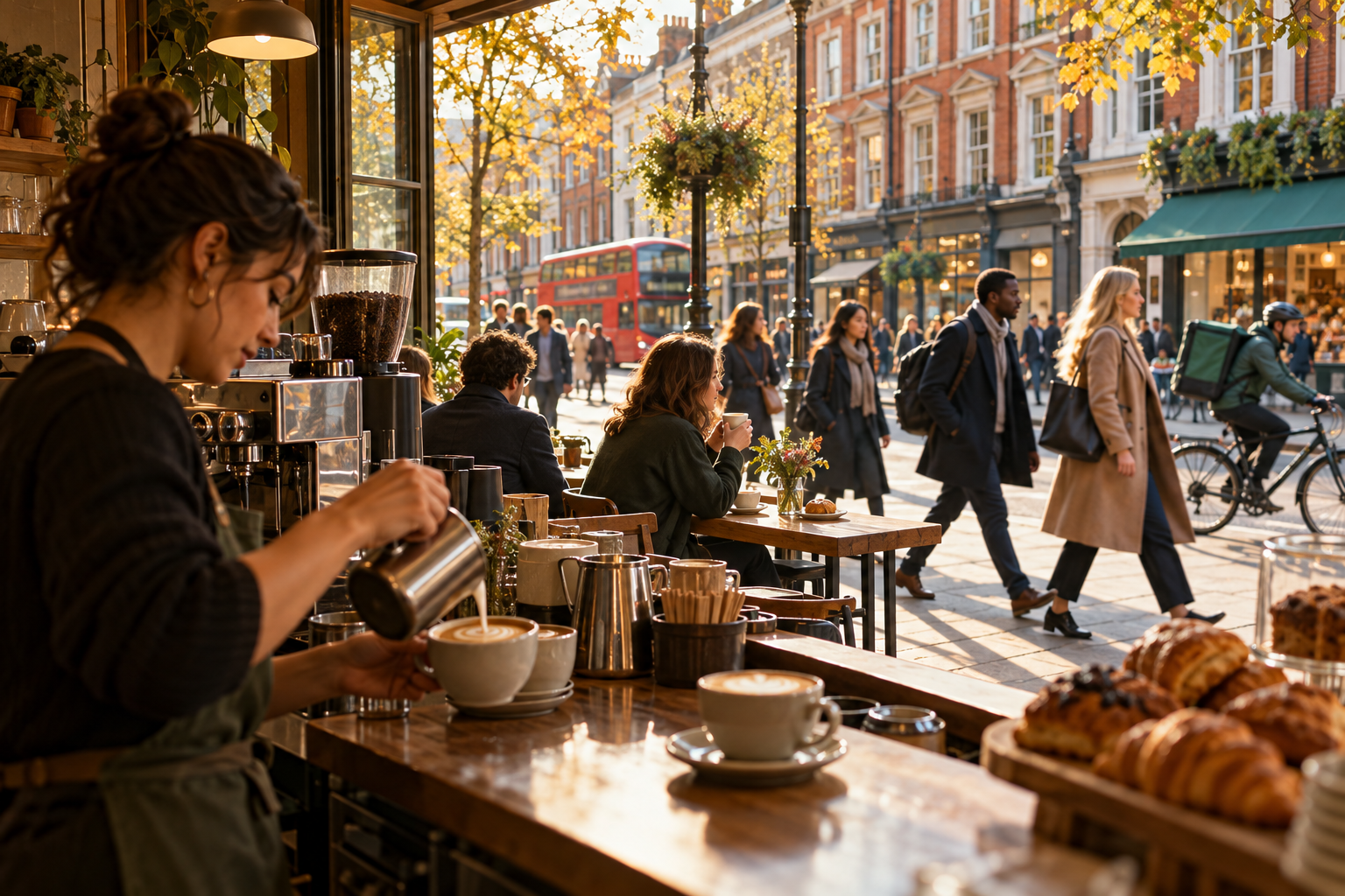 Scène urbaine britannique illustrant les activités de services, création originale par IA.
