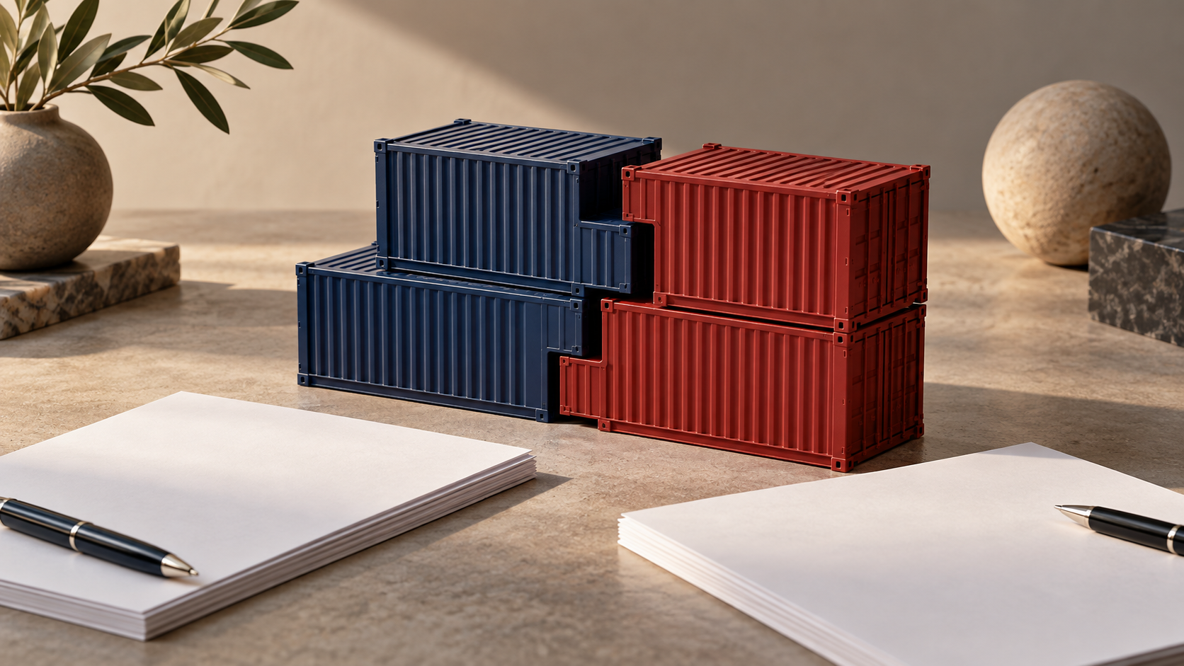 Illustration conceptuelle de négociations commerciales : blocs de conteneurs rouges et bleus et documents vierges