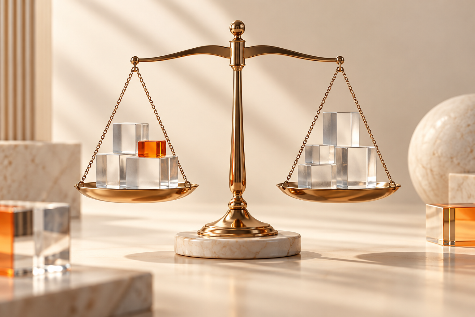 Balance et blocs de verre illustrant la comparaison des coûts de trading.