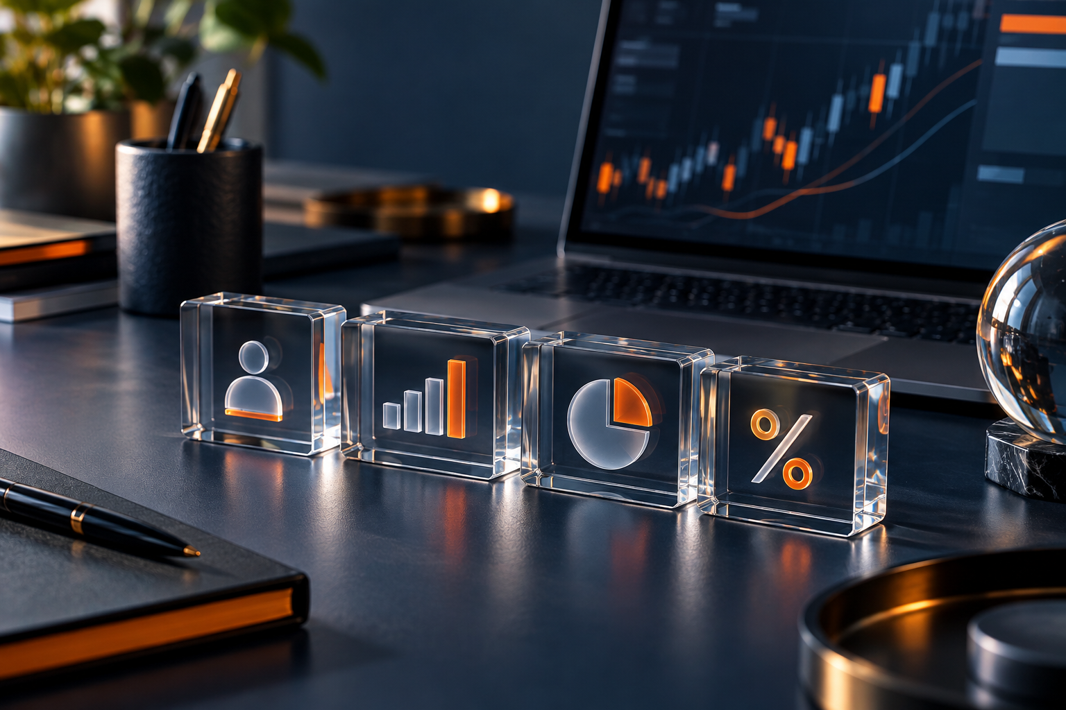 Illustration originale d’un bureau de trading bleu nuit avec calculatrice et ordinateur, consacrée à la comparaison des frais Vantage.