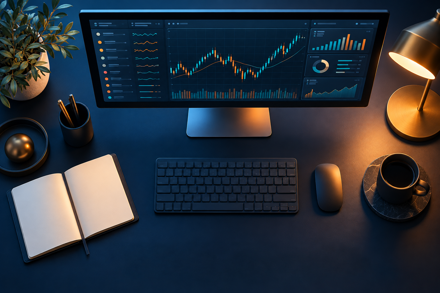 Bureau vu du dessus avec ordinateur et carnet pour préparer un environnement de trading.