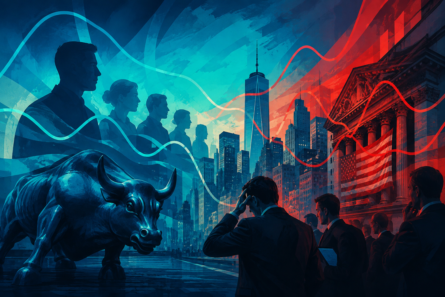Illustration éditoriale de New York et de lignes de marché dans des tons bleus.